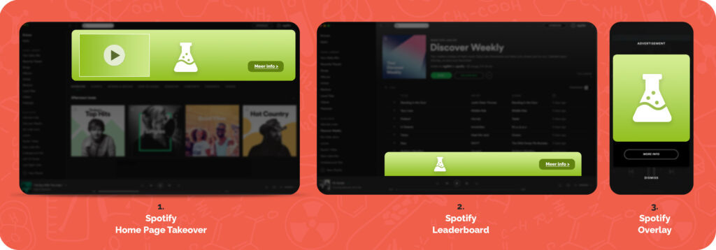 Voorbeeld Spotify ads; Spotify Page Takeover, Spotify leaderboard en Spotify overlay